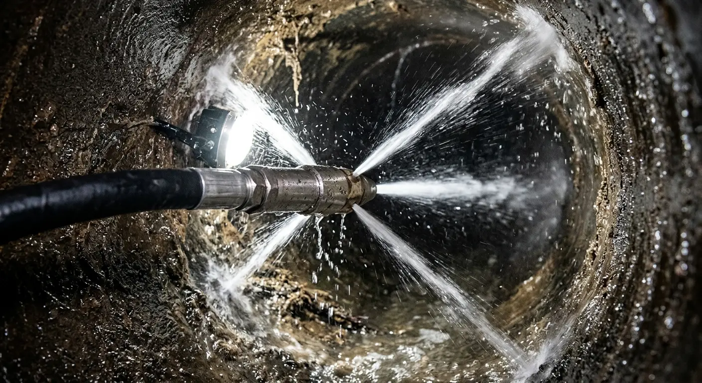 High-pressure hydro jetting nozzle cleaning sewer pipe for Trenchless Sewer Repair in Hoosick