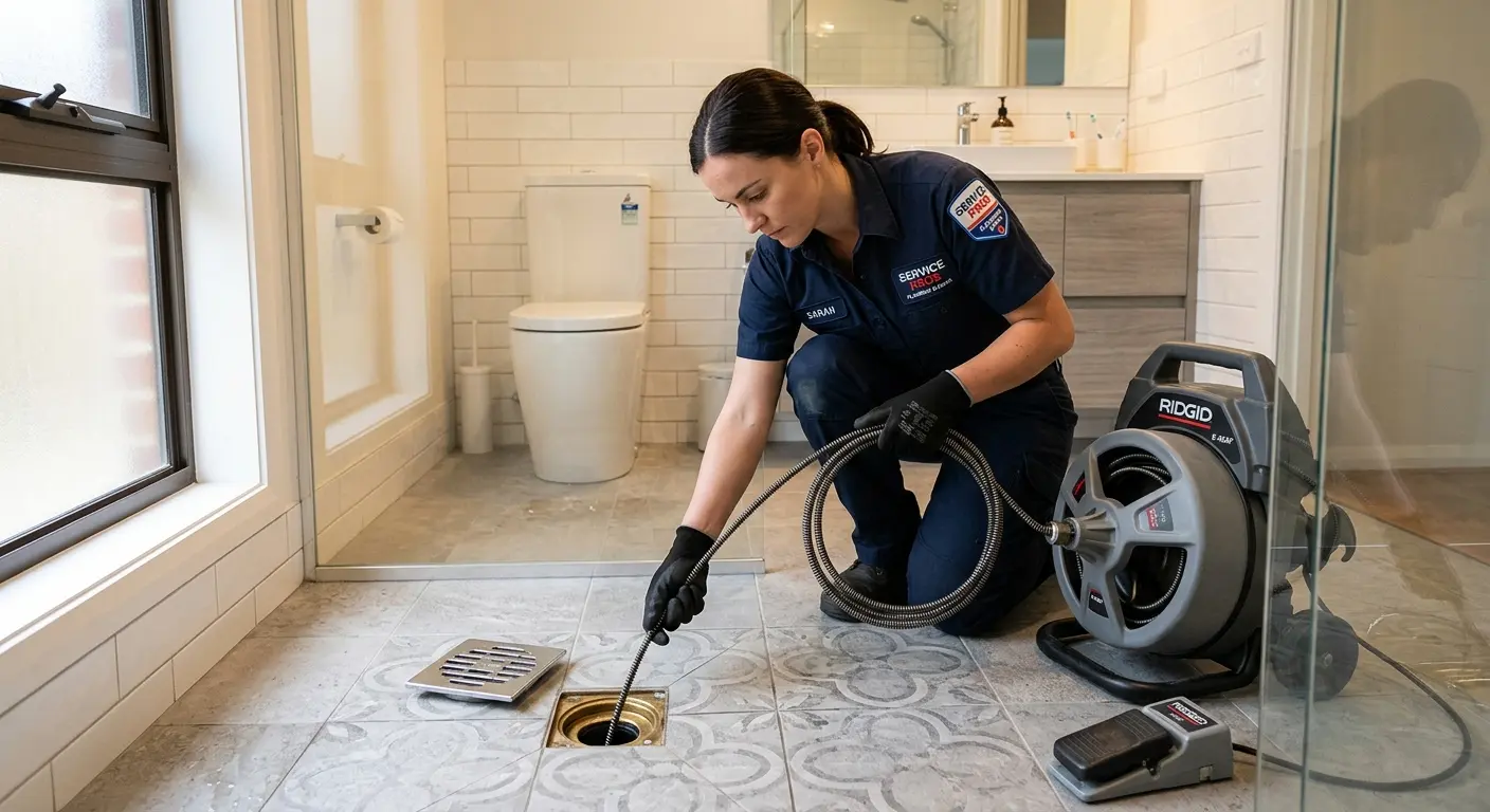 Technician clearing a bathroom floor drain for Sewer Line Installation in Hoosick